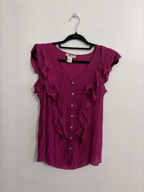 Ruffled V-Neck Button Front Blouse in Fuchsia